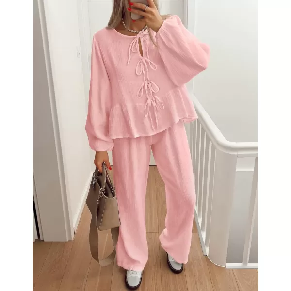 imageZESICA Womens Two Piece Outfits Set 2024 Long Sleeve Tie Front Top and Wide Leg Pants Casual Loungewear Pajama SetsPink