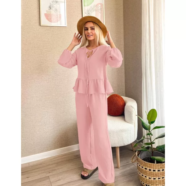 imageZESICA Womens Two Piece Outfits Set 2024 Long Sleeve Tie Front Top and Wide Leg Pants Casual Loungewear Pajama SetsPink