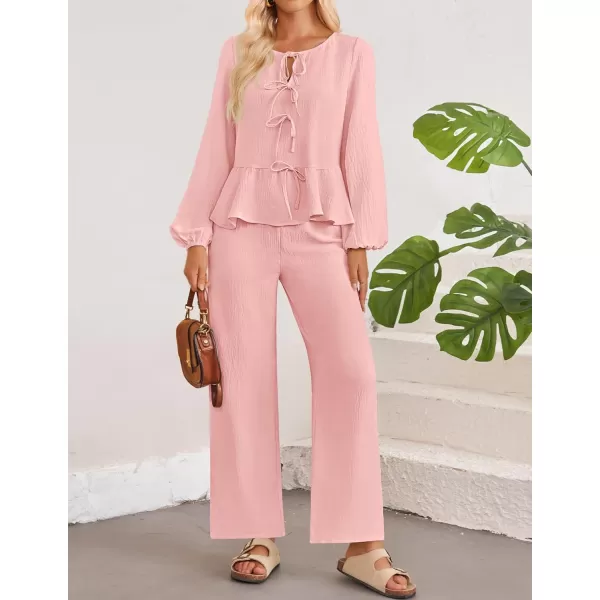 imageZESICA Womens Two Piece Outfits Set 2024 Long Sleeve Tie Front Top and Wide Leg Pants Casual Loungewear Pajama SetsPink