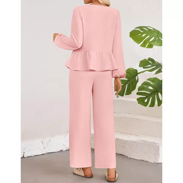 imageZESICA Womens Two Piece Outfits Set 2024 Long Sleeve Tie Front Top and Wide Leg Pants Casual Loungewear Pajama SetsPink