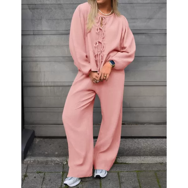 imageZESICA Womens Two Piece Outfits Set 2024 Long Sleeve Tie Front Top and Wide Leg Pants Casual Loungewear Pajama SetsPink