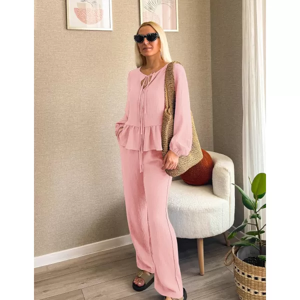 imageZESICA Womens Two Piece Outfits Set 2024 Long Sleeve Tie Front Top and Wide Leg Pants Casual Loungewear Pajama SetsPink