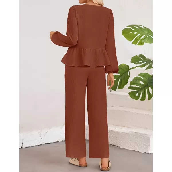 imageZESICA Womens Two Piece Outfits Set 2024 Long Sleeve Tie Front Top and Wide Leg Pants Casual Loungewear Pajama SetsRust