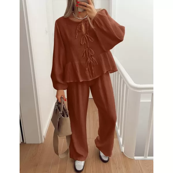 imageZESICA Womens Two Piece Outfits Set 2024 Long Sleeve Tie Front Top and Wide Leg Pants Casual Loungewear Pajama SetsRust