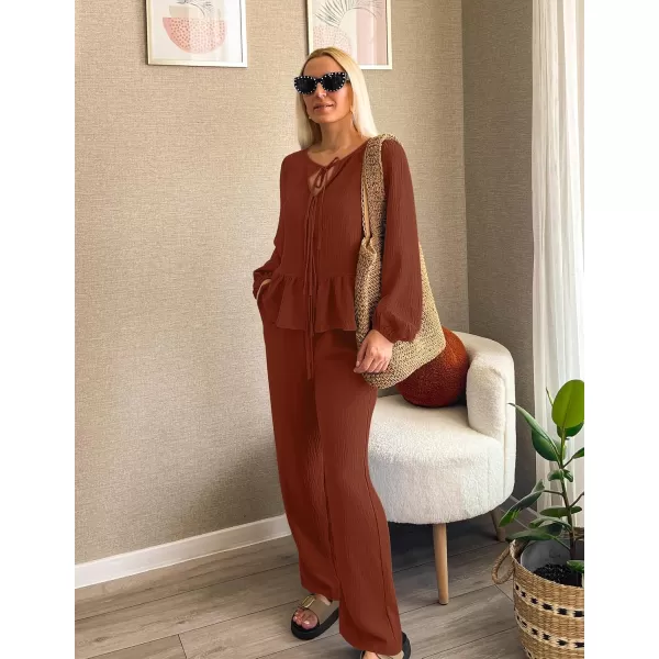 imageZESICA Womens Two Piece Outfits Set 2024 Long Sleeve Tie Front Top and Wide Leg Pants Casual Loungewear Pajama SetsRust