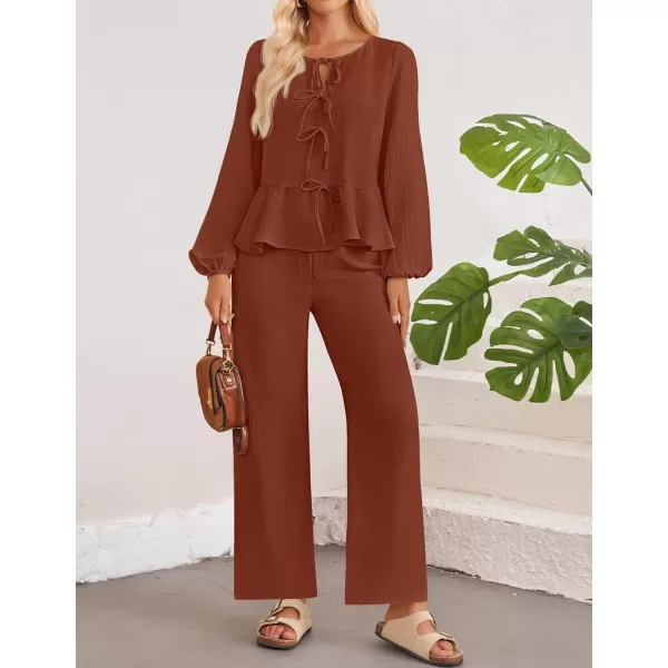 imageZESICA Womens Two Piece Outfits Set 2024 Long Sleeve Tie Front Top and Wide Leg Pants Casual Loungewear Pajama SetsRust