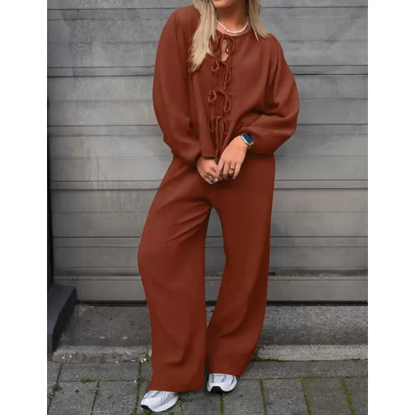 imageZESICA Womens Two Piece Outfits Set 2024 Long Sleeve Tie Front Top and Wide Leg Pants Casual Loungewear Pajama SetsRust