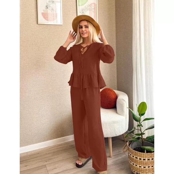 imageZESICA Womens Two Piece Outfits Set 2024 Long Sleeve Tie Front Top and Wide Leg Pants Casual Loungewear Pajama SetsRust