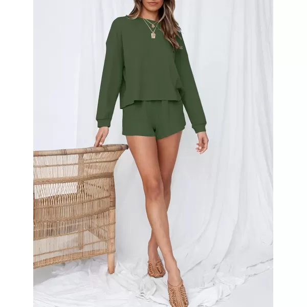 imageZESICA Womens Waffle Knit Long Sleeve Top and Shorts Pullover Nightwear Lounge Pajama Set with PocketsArmygreen