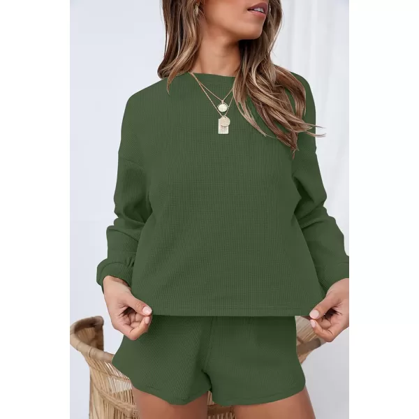 imageZESICA Womens Waffle Knit Long Sleeve Top and Shorts Pullover Nightwear Lounge Pajama Set with PocketsArmygreen