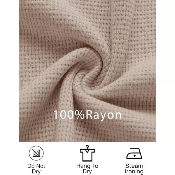 imageZESICA Womens Waffle Knit Long Sleeve Top and Shorts Pullover Nightwear Lounge Pajama Set with PocketsBeige