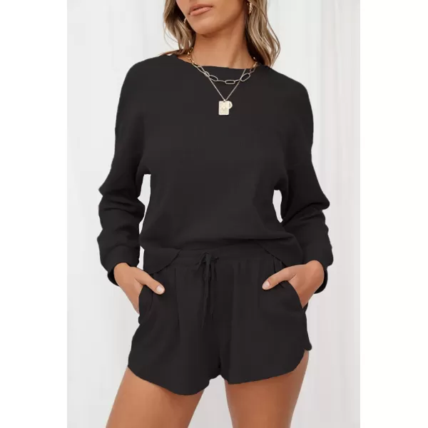 imageZESICA Womens Waffle Knit Long Sleeve Top and Shorts Pullover Nightwear Lounge Pajama Set with PocketsBlack