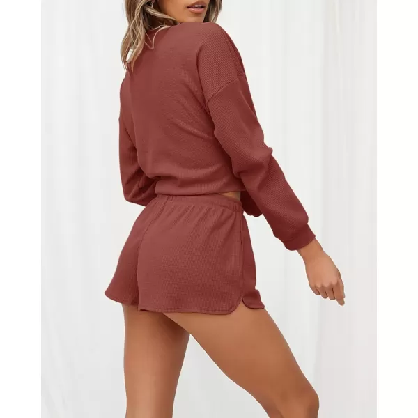 imageZESICA Womens Waffle Knit Long Sleeve Top and Shorts Pullover Nightwear Lounge Pajama Set with PocketsBrickred