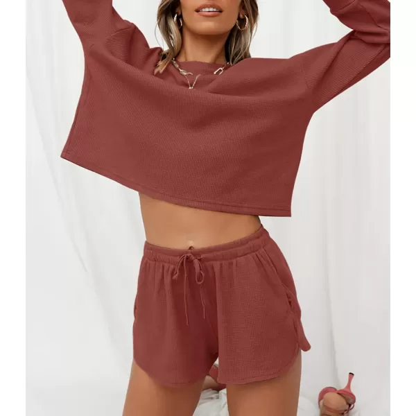 imageZESICA Womens Waffle Knit Long Sleeve Top and Shorts Pullover Nightwear Lounge Pajama Set with PocketsBrickred