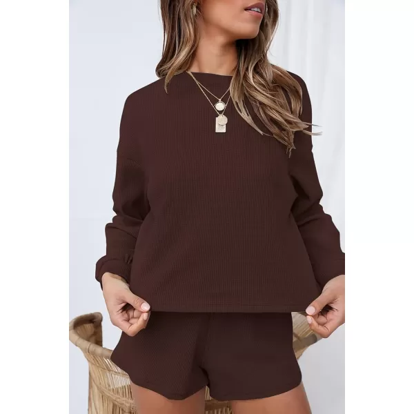 imageZESICA Womens Waffle Knit Long Sleeve Top and Shorts Pullover Nightwear Lounge Pajama Set with PocketsCoffee