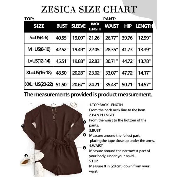 imageZESICA Womens Waffle Knit Long Sleeve Top and Shorts Pullover Nightwear Lounge Pajama Set with PocketsCoffee