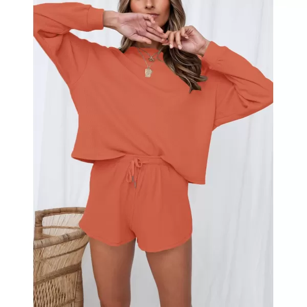 imageZESICA Womens Waffle Knit Long Sleeve Top and Shorts Pullover Nightwear Lounge Pajama Set with PocketsCoral