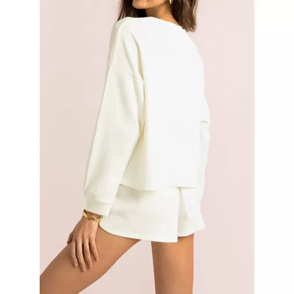 imageZESICA Womens Waffle Knit Long Sleeve Top and Shorts Pullover Nightwear Lounge Pajama Set with PocketsCream