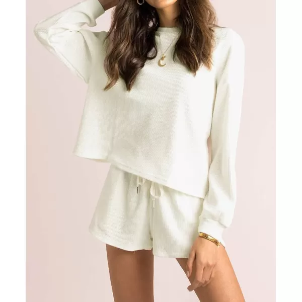 imageZESICA Womens Waffle Knit Long Sleeve Top and Shorts Pullover Nightwear Lounge Pajama Set with PocketsCream