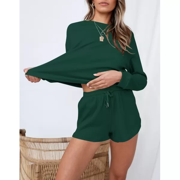 imageZESICA Womens Waffle Knit Long Sleeve Top and Shorts Pullover Nightwear Lounge Pajama Set with PocketsDarkgreen