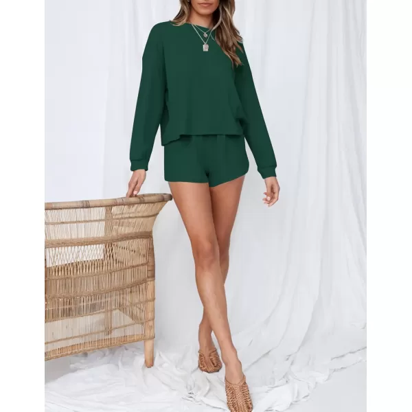 imageZESICA Womens Waffle Knit Long Sleeve Top and Shorts Pullover Nightwear Lounge Pajama Set with PocketsDarkgreen