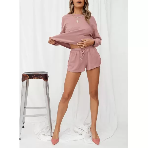 imageZESICA Womens Waffle Knit Long Sleeve Top and Shorts Pullover Nightwear Lounge Pajama Set with PocketsDarkpink