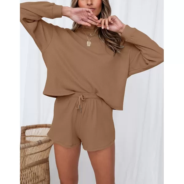 imageZESICA Womens Waffle Knit Long Sleeve Top and Shorts Pullover Nightwear Lounge Pajama Set with PocketsRedbrown
