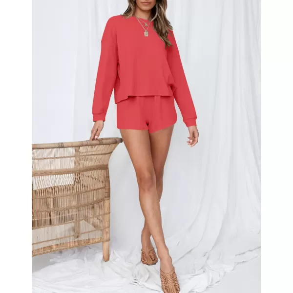 imageZESICA Womens Waffle Knit Long Sleeve Top and Shorts Pullover Nightwear Lounge Pajama Set with PocketsWatermelon