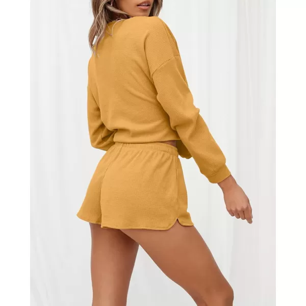 imageZESICA Womens Waffle Knit Long Sleeve Top and Shorts Pullover Nightwear Lounge Pajama Set with PocketsYellow
