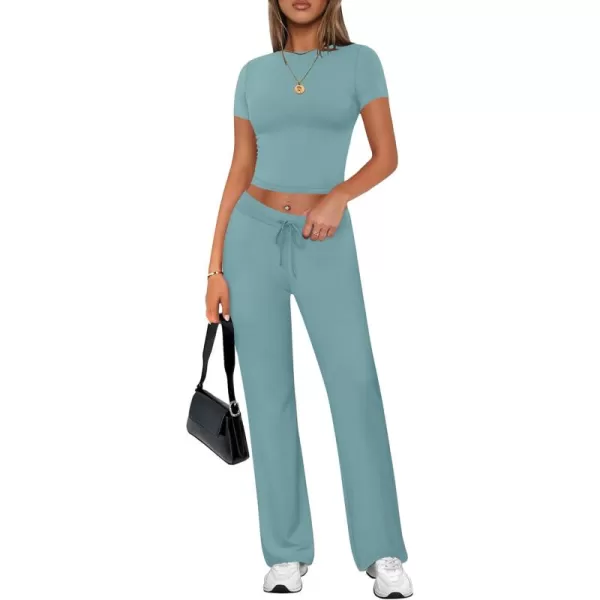 imageZESCA Womens 2 Piece Lounge Sets Casual Y2K Outfits Short Sleeve Crop Top Pants Comfy LoungewearBlue