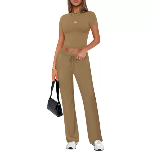 imageZESCA Womens 2 Piece Lounge Sets Casual Y2K Outfits Short Sleeve Crop Top Pants Comfy LoungewearBrown