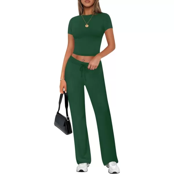 imageZESCA Womens 2 Piece Lounge Sets Casual Y2K Outfits Short Sleeve Crop Top Pants Comfy LoungewearGreen