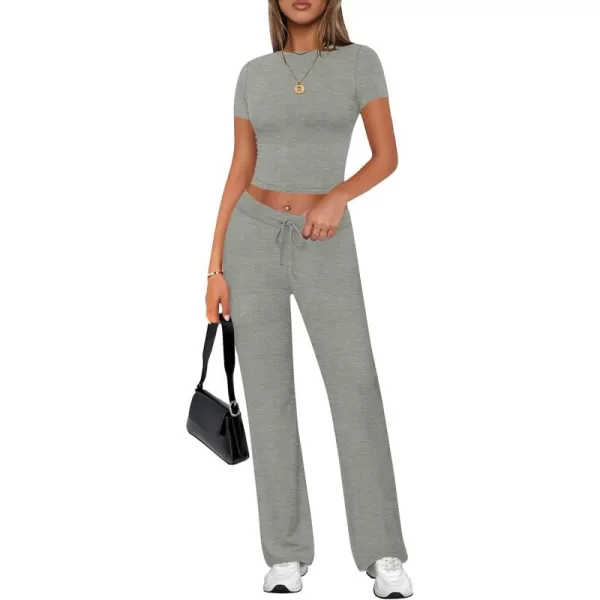imageZESCA Womens 2 Piece Lounge Sets Casual Y2K Outfits Short Sleeve Crop Top Pants Comfy LoungewearGrey