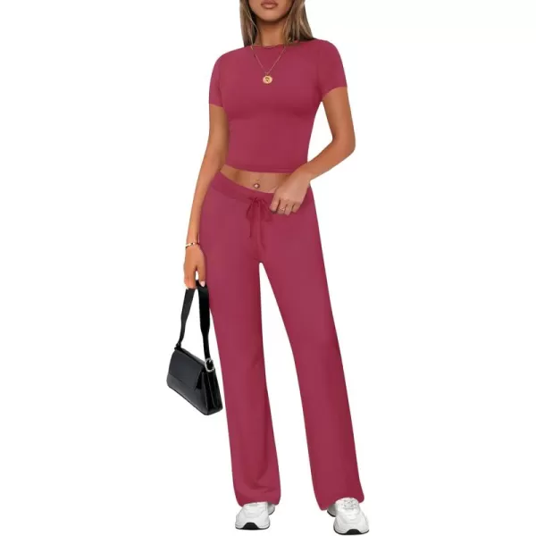 imageZESCA Womens 2 Piece Lounge Sets Casual Y2K Outfits Short Sleeve Crop Top Pants Comfy LoungewearHot Pink