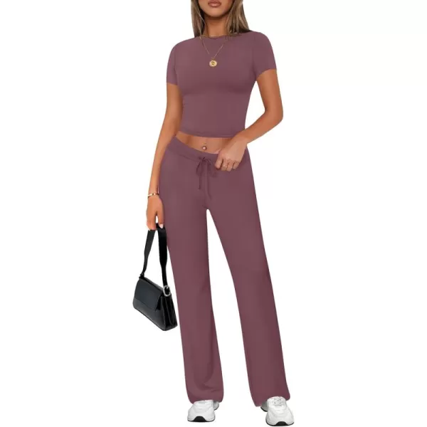 imageZESCA Womens 2 Piece Lounge Sets Casual Y2K Outfits Short Sleeve Crop Top Pants Comfy LoungewearPurple