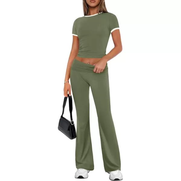imageZESCA Womens 2 Piece Outfits Lounge Sets Causal Short Sleeve Knit Crop Top High Waist Flare Pants TracksuitsArmy Green