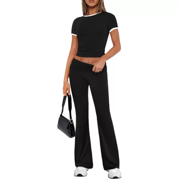 imageZESCA Womens 2 Piece Outfits Lounge Sets Causal Short Sleeve Knit Crop Top High Waist Flare Pants TracksuitsBlack