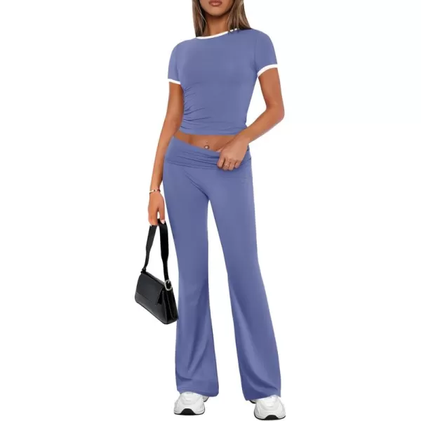 imageZESCA Womens 2 Piece Outfits Lounge Sets Causal Short Sleeve Knit Crop Top High Waist Flare Pants TracksuitsBlue