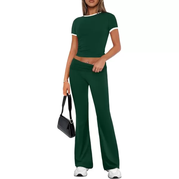 imageZESCA Womens 2 Piece Outfits Lounge Sets Causal Short Sleeve Knit Crop Top High Waist Flare Pants TracksuitsGreen