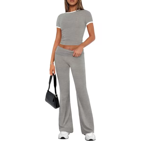 imageZESCA Womens 2 Piece Outfits Lounge Sets Causal Short Sleeve Knit Crop Top High Waist Flare Pants TracksuitsGrey