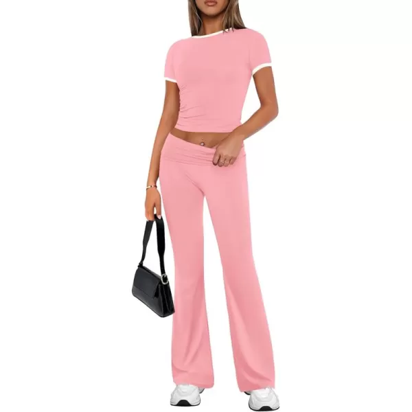 imageZESCA Womens 2 Piece Outfits Lounge Sets Causal Short Sleeve Knit Crop Top High Waist Flare Pants TracksuitsPink