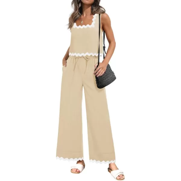 imageZESICA Summer 2 Piece Sets for Women Casual Tank Top and Wide Leg Pants Matching Lounge Pajama Sets Vacation Travel OutfitsApricot