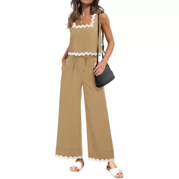 imageZESICA Summer 2 Piece Sets for Women Casual Tank Top and Wide Leg Pants Matching Lounge Pajama Sets Vacation Travel OutfitsKhaki
