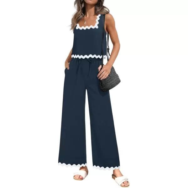 imageZESICA Summer 2 Piece Sets for Women Casual Tank Top and Wide Leg Pants Matching Lounge Pajama Sets Vacation Travel OutfitsNavy