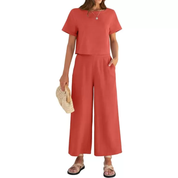 imageZESICA Womens 2 Piece Outfits Linen Short Sleeve Crop Top and Wide Leg Pants Lounge Matching Set Tracksuits Trendy ClothesCoral