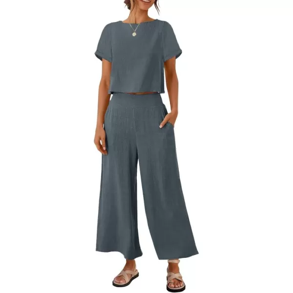 imageZESICA Womens 2 Piece Outfits Linen Short Sleeve Crop Top and Wide Leg Pants Lounge Matching Set Tracksuits Trendy ClothesDustyblue