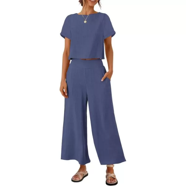 imageZESICA Womens 2 Piece Outfits Linen Short Sleeve Crop Top and Wide Leg Pants Lounge Matching Set Tracksuits Trendy ClothesGreyblue