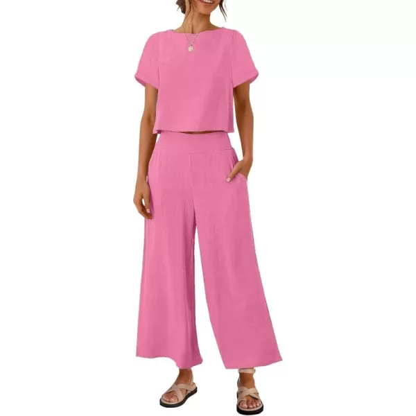 imageZESICA Womens 2 Piece Outfits Linen Short Sleeve Crop Top and Wide Leg Pants Lounge Matching Set Tracksuits Trendy ClothesHotpink