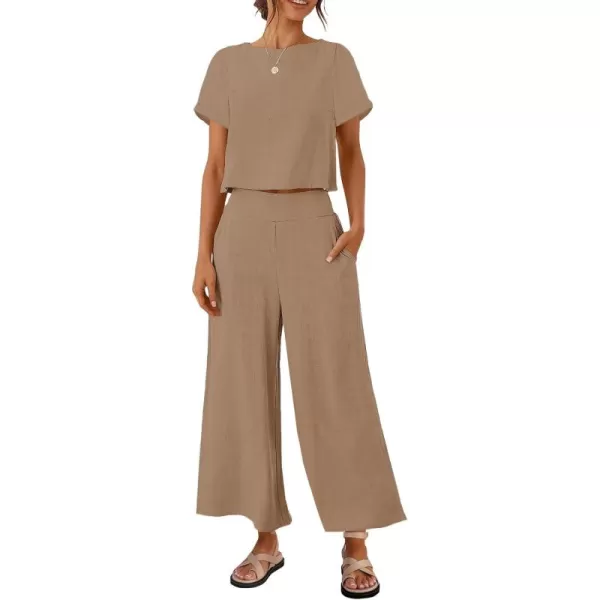 imageZESICA Womens 2 Piece Outfits Linen Short Sleeve Crop Top and Wide Leg Pants Lounge Matching Set Tracksuits Trendy ClothesKhaki