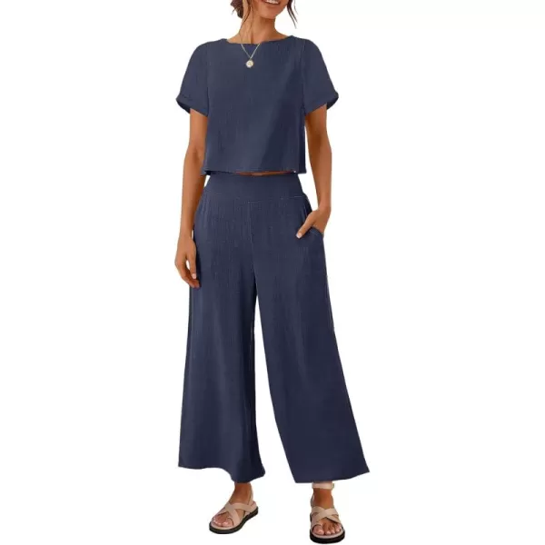imageZESICA Womens 2 Piece Outfits Linen Short Sleeve Crop Top and Wide Leg Pants Lounge Matching Set Tracksuits Trendy ClothesNavy
